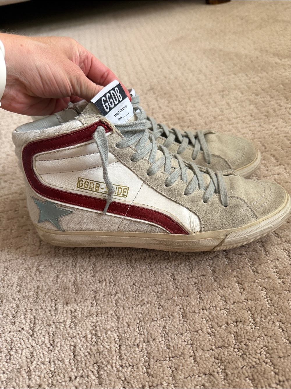 Golden Goose High-Top Sneakers in White, Gray & Red
